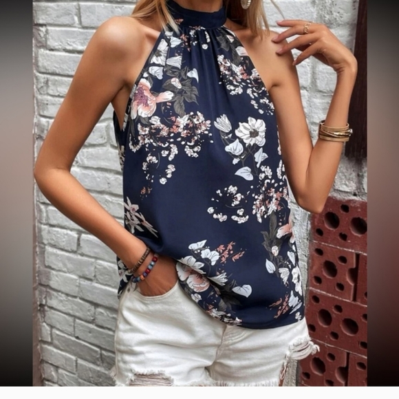 Halter Top Navy Blue Floral - Picture 1 of 5
